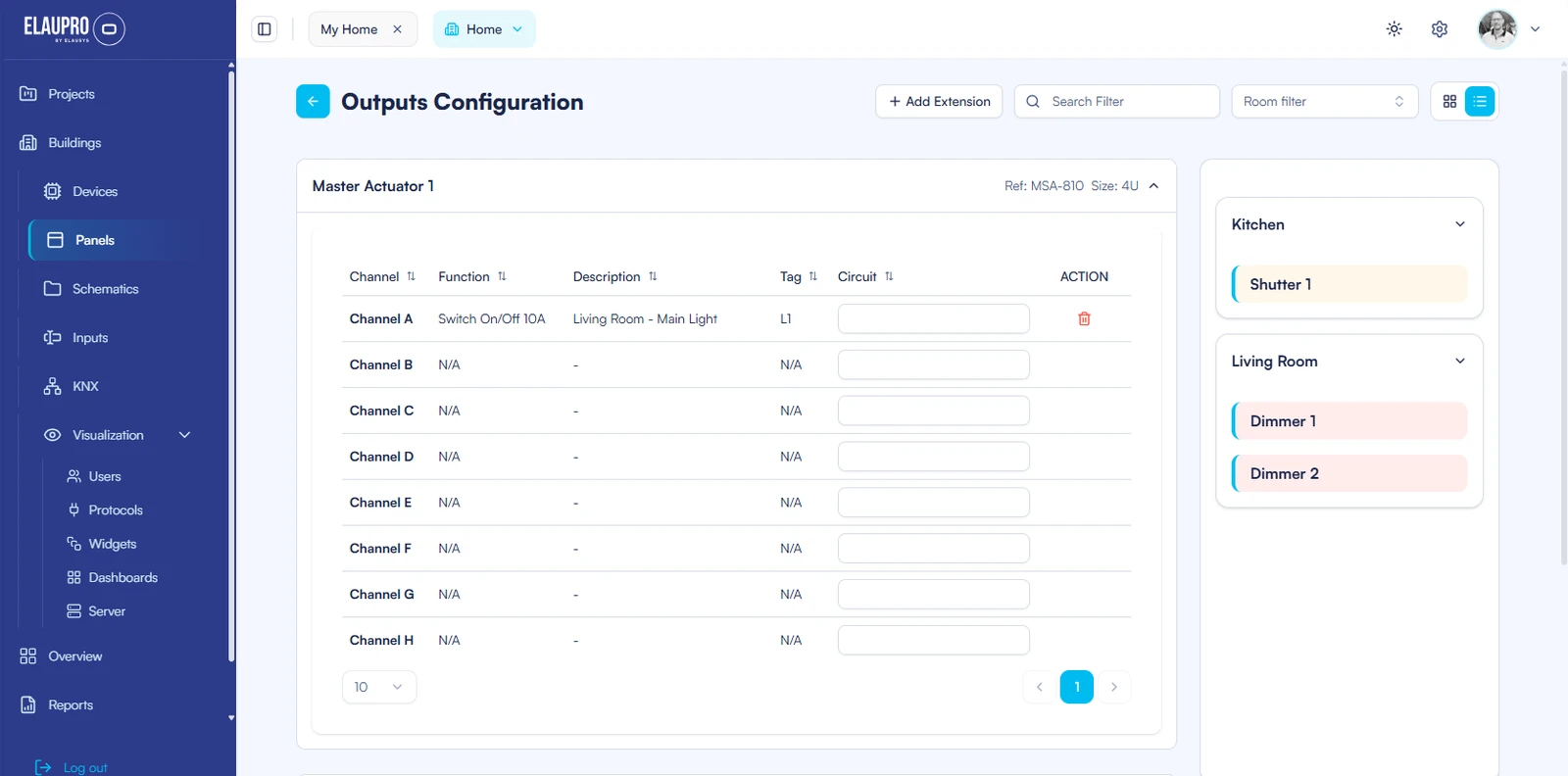 Configuración de salidas ElauPro con dispositivos asignados a canales de actuador
