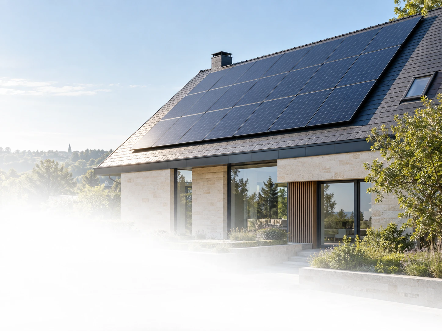 Rooftop photovoltaic panels generating energy for a contemporary home